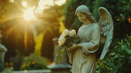 A beautiful angel statue holding flowers in a tranquil garden setting illuminated by warm sunlight, capturing a serene and peaceful moment of beauty and remembrance.の素材