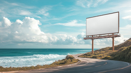 A tranquil scene featuring a blank billboard by the ocean, surrounded by lush greenery and rolling waves. Perfect for advertising space concepts.の素材