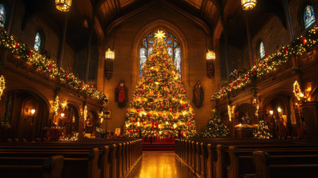 A stunning Christmas tree adorns a beautifully decorated church, creating a warm and inviting atmosphere for holiday celebrations and gatherings.の素材