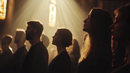 Individuals standing in silence under soft light create a serene atmosphere. This image captures contemplation and spirituality, evoking peace and reflection.の素材