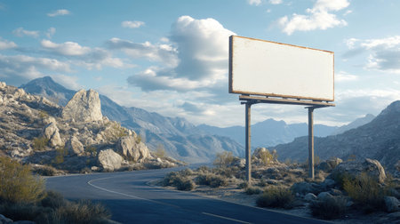 A scenic view featuring an empty billboard alongside a winding road, surrounded by majestic mountains and a serene sky, ideal for advertising or travel themes.の素材