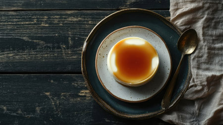 A creamy dessert served on an elegant plate, showcasing rich caramel sauce. Ideal for food photography, culinary blogs, and lifestyle aesthetics.の素材
