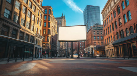 A vacant billboard stands in a bustling urban square, surrounded by historic and modern buildings. Perfect for showcasing advertisements or public announcements.の素材