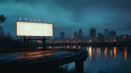 A tranquil night scene featuring an empty billboard beside a calm waterway, with a city skyline illuminated in the background, creating a serene atmosphere.の素材