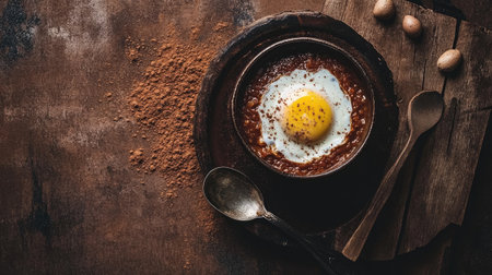 A rustic bowl featuring a cooked egg on a warm dish, presented on a wooden table. Perfect for conveying comfort and culinary artistry in food photography.の素材