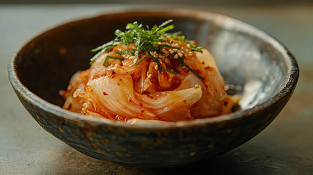 A close-up view of vibrant fresh kimchi served in a rustic bowl, garnished with sesame seeds and herbs. Ideal for food photography or culinary arts.の素材