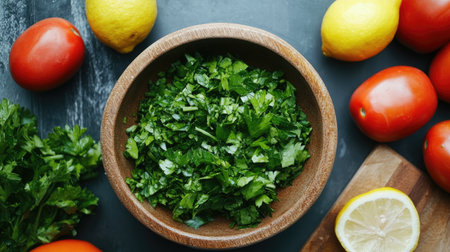 A vibrant display of fresh chopped parsley in a wooden bowl surrounded by ripe tomatoes and lemons, showcasing healthy ingredients for cooking.の素材