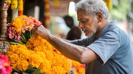 An elderly man carefully arranges vibrant marigold flowers at a market stall, showcasing the beauty of traditional floral commerce in India.の素材