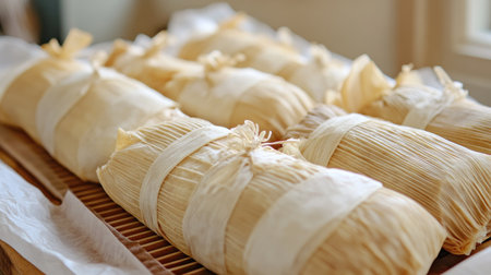 This image showcases traditional food wrapped in bamboo leaves, highlighting the artisanal preparation and cultural significance of this delightful culinary art.の素材