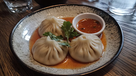 A plate of scrumptious dumplings served with a rich spicy sauce, garnished with fresh cilantro. Ideal for food enthusiasts and culinary explorations.の素材