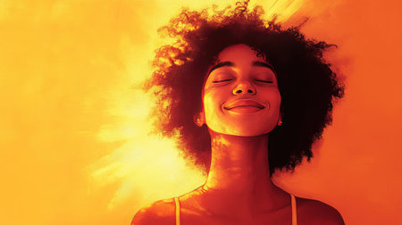 Smiling young woman basking in sunlight, symbolizing joy and positive energy.の素材