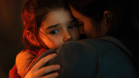 Mother hugging a child close, providing comfort and a sense of safety.の素材