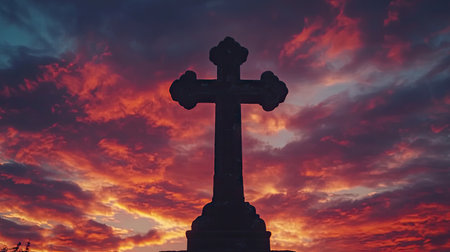 A striking silhouette of a cross stands against a vibrant sunset sky, showcasing dramatic colors and cloud formations, embodying themes of faith and spirituality.の素材