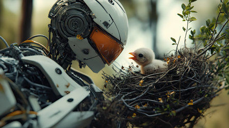 A fascinating fusion of technology and nature, this image captures a robot gently interacting with a small bird nested nearby, symbolizing an emotional connection.の素材