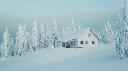A tranquil winter scene featuring a charming white house surrounded by snow-covered trees. This elegant landscape captures the beauty of cold weather and peaceful living.の素材