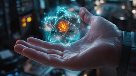 A hand holds a glowing atomic model in a futuristic setting, symbolizing energy and innovation. This visually striking image represents scientific exploration.の素材