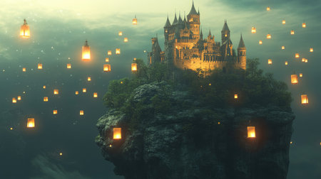 A mystical castle stands on a floating island surrounded by glowing lanterns, creating a serene and enchanting atmosphere perfect for fantasy-themed projects.の素材