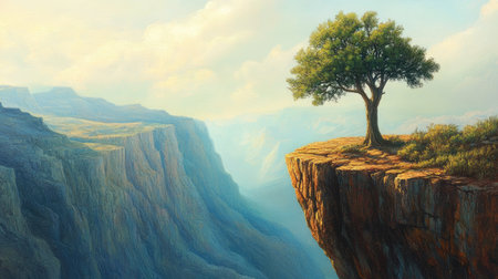 A stunning landscape featuring a lone tree on the edge of a rocky cliff, showcasing the beauty of nature and the tranquility of the wilderness.の素材