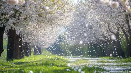 A tranquil pathway lined with blooming cherry trees, showered in delicate petals, invites serenity and beauty under soft spring sunlight. Perfect for nature lovers.の素材