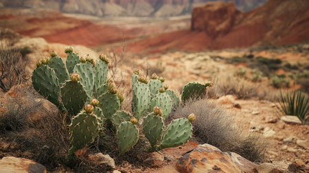 A vibrant prickly pear cactus grows amidst the stunning desert landscape, showcasing unique textures and colors against a rugged, arid backdrop.の素材