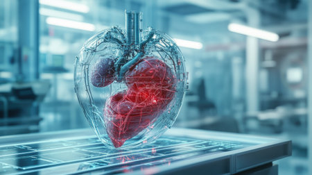 A futuristic heart model displayed in a laboratory setting, showcasing intricate anatomical details with digital elements, emphasizing innovation in medical science.の素材
