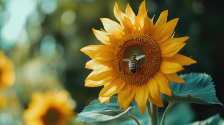 A close-up view of a bee pollinating a vibrant yellow sunflower, capturing the beauty of nature and the importance of pollination in the ecosystem.の素材