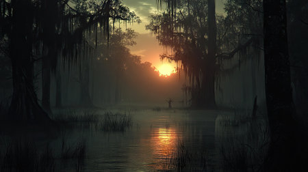 A mystical sunset illuminates a misty swamp, creating a serene atmosphere. The water reflects the warm tones of the sky, surrounded by ancient trees.の素材