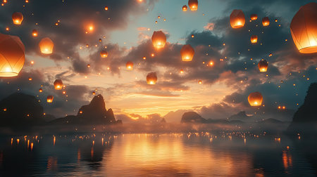 Experience a serene sunset scene where floating lanterns illuminate the tranquil waters, reflecting the beauty of nature and creating a magical atmosphere.の素材