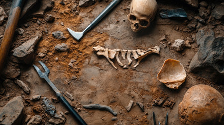 This image showcases an archaeological dig site featuring a skull, fossils, and various tools among dirt and rocks, highlighting the process of discovery and exploration.の素材
