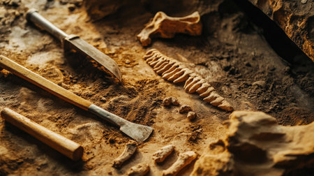 A close-up view of vintage tools resting on a dusty excavation site, surrounded by fossilized remains, showcasing the essence of archaeological discovery and history.の素材