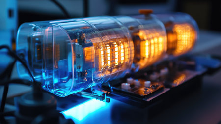 A captivating vintage display featuring neon glow in a laboratory setting. This image captures the elegance of technology and design, highlighting intricate electronics.の素材