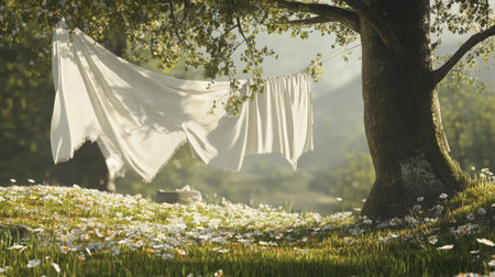 A serene nature scene featuring white laundry hanging on a tree, surrounded by lush greenery and blooming flowers, evoking a sense of tranquility and freshness.の素材