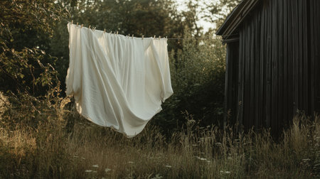 A serene view of white fabric fluttering in the breeze, hung outdoors near a rustic barn. The scene evokes feelings of peace and simplicity in nature.の素材