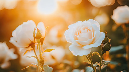 Captivating white roses bloom under a warm sunset, showcasing beauty and tranquility. Perfect for promoting nature's elegance and seasonal charm.の素材