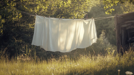 A serene image of white fabric hanging on a clothesline in a sunlit outdoor setting. The soft fabrics sway gently in the breeze, surrounded by lush greenery.の素材