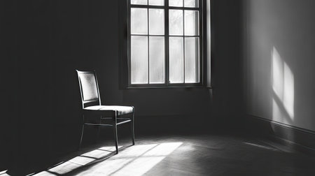 A solitary chair sits in a sunlit room, casting soft shadows. The minimalist design creates a peaceful and calm atmosphere, highlighting solitude.の素材