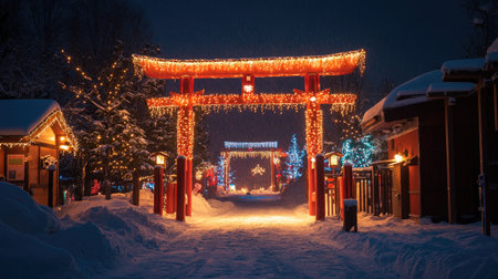 A beautiful winter night scene featuring a traditional Japanese gateway adorned with colorful lights amidst a snowy landscape, creating a serene holiday atmosphere.の素材