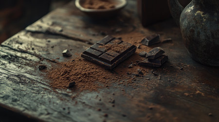 A close-up of dark chocolate and cocoa powder scattered on a rustic wooden table. Ideal for food photography, showcasing rich textures and natural elements.の素材