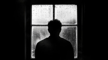 A striking black and white image featuring the silhouette of a person against a rainy window, evoking feelings of solitude and contemplation in a moody atmosphere.の素材