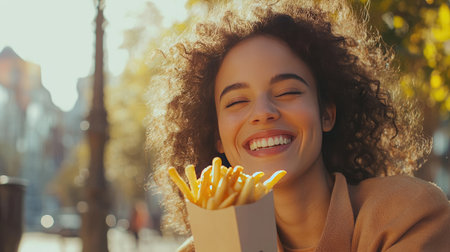 A joyful young woman smiles broadly while holding a fresh serving of fries outdoors. The sunny atmosphere enhances the carefree moment of enjoying a tasty snack.の素材