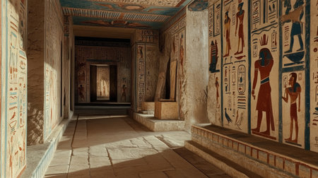 Explore the intricate details of an ancient Egyptian tomb featuring beautiful hieroglyphs and stunning wall art, showcasing a rich historical heritage.の素材