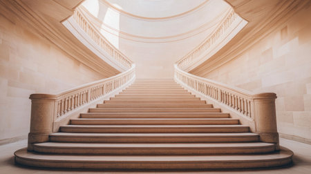 A stunning view of an elegant curved staircase bathed in soft light, showcasing intricate architectural details and minimalist design. Perfect for travel and decor themes.の素材