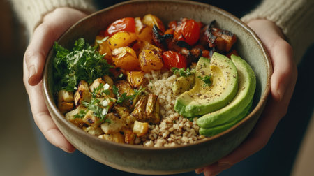 A vibrant and nutritious bowl filled with colorful vegetables, quinoa, and avocado. Perfect for healthy eating and meal prep enthusiasts. Enjoy a wholesome dining experience!の素材