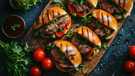 Discover a delicious display of grilled beef sandwiches filled with fresh vegetables and herbs, perfect for a casual meal or gathering with friends.の素材