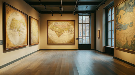 A serene art gallery featuring vintage maps on display. The warm lighting enhances the intricate details of the world maps, creating a captivating atmosphere.の素材