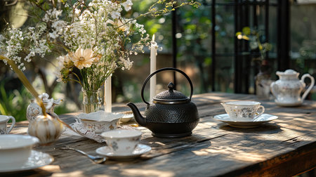 An elegant tea setup featuring a vintage teapot, delicate cups, and fresh flowers on a wooden table, creating a serene and inviting atmosphere.の素材