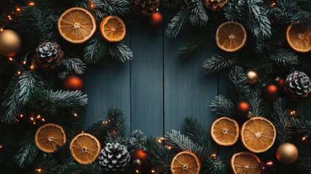 A beautiful arrangement of dried oranges and pine cones, set against a rustic wooden background, perfect for festive holiday decor and seasonal celebrations.の素材