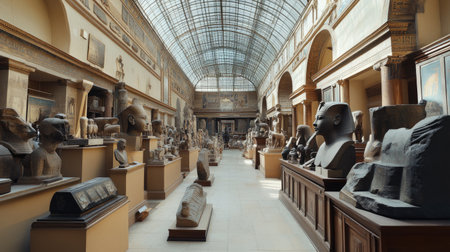 Explore an elegant museum hall filled with ancient artifacts and sculptures. The space showcases rich history and cultural significance, making it a perfect destination for art enthusiasts.の素材