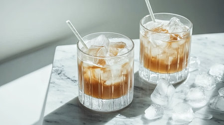 Two elegant glasses filled with ice and a refreshing drink sit on a marble surface, perfect for a stylish gathering or a relaxing moment at home.の素材