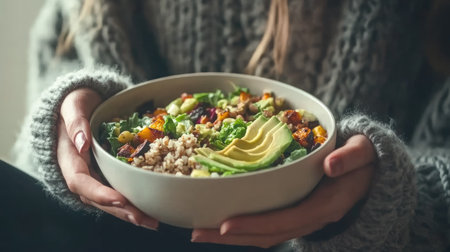 A nourishing bowl filled with fresh vegetables, grains, and creamy avocado. Perfect for promoting healthy eating habits and vibrant lifestyle choices.の素材